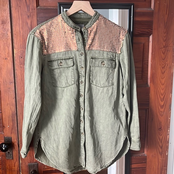 Anthropologie sequin button down olive green women’s size 0 - Picture 4 of 8